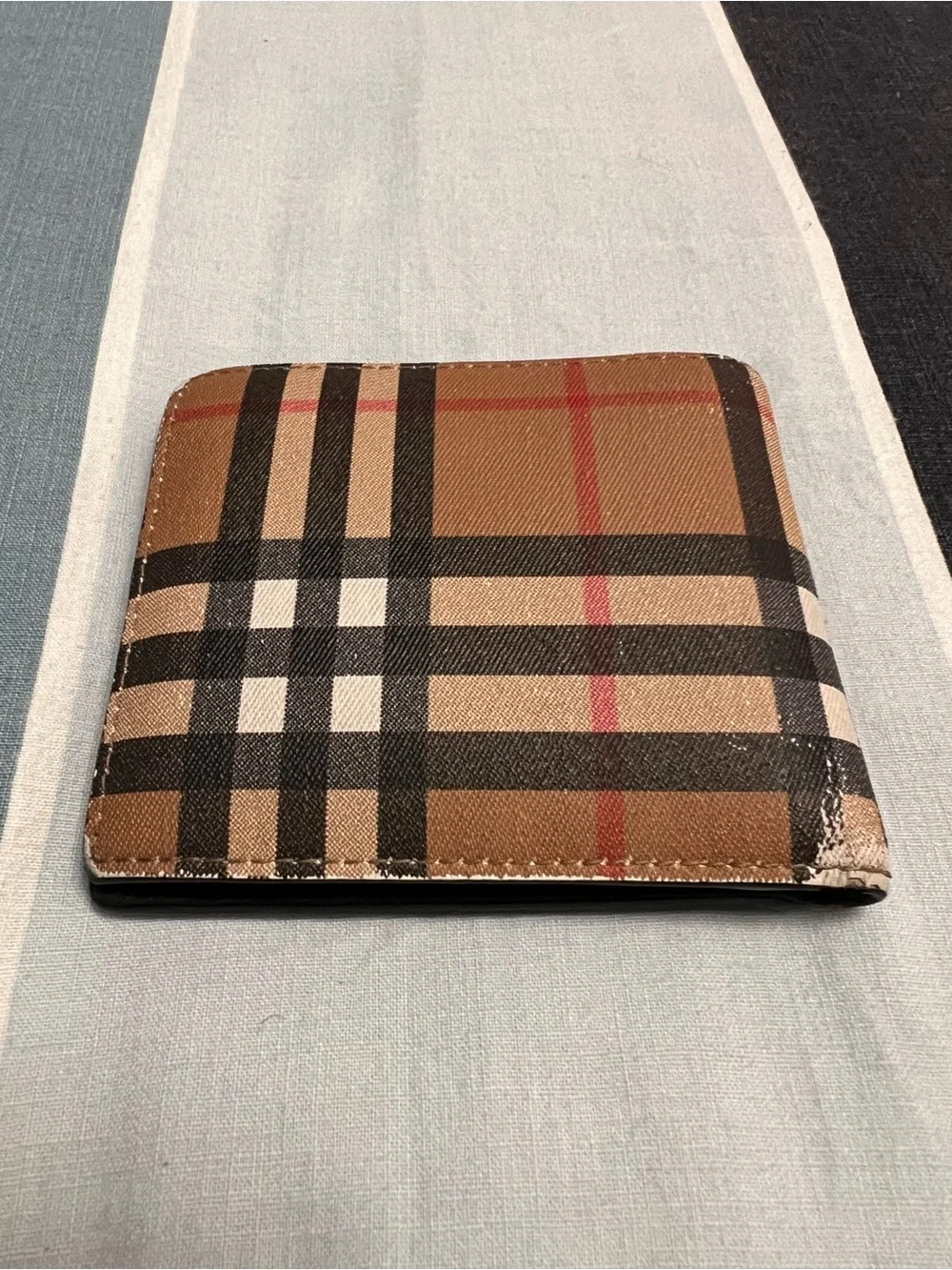 Burberry Check Compact Bi-Fold Wallet in Tan, Black and Red